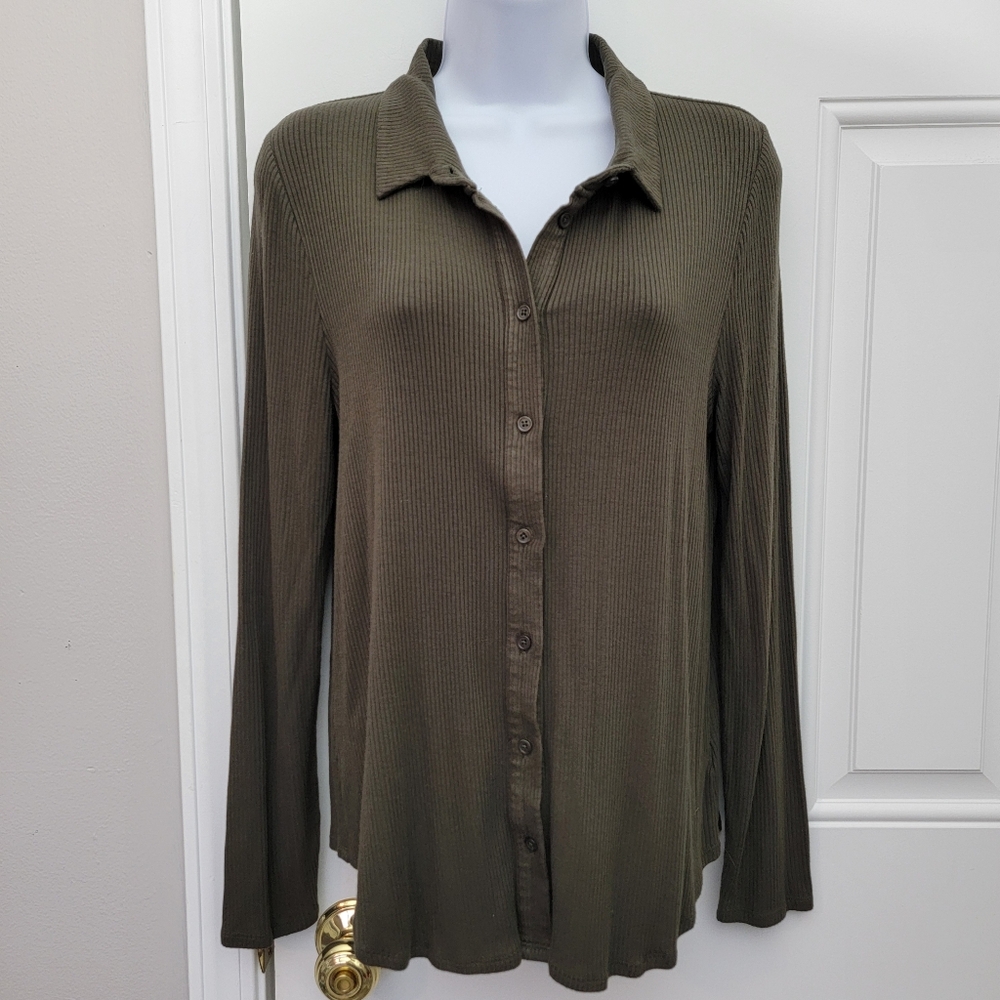 Anthropologie Olive Green Ribbed Knit Long Sleeve Button Up Shirt Size Medium